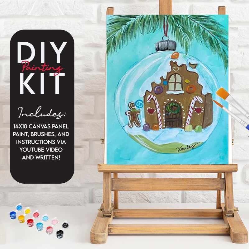 Gingerbread House Christmas Ornament , Video Instructional Paint Kit, 11x14 inch, DIY Canvas Art Kit, Kid and Adult Painting